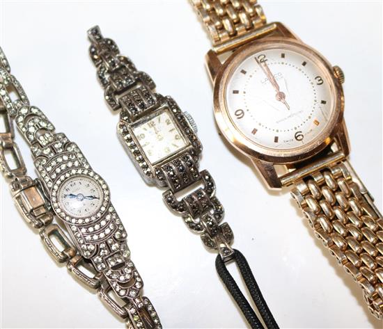 2 x silver marcasite watches and Lanco watch